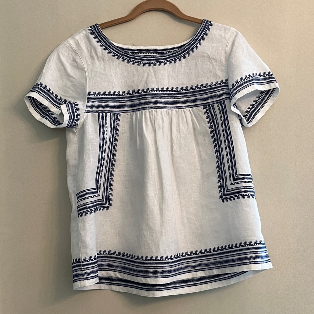 Madewell White Blouse with Blue Embroidery